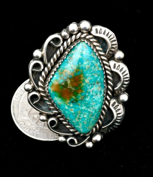 Size 8.25 traditional Navajo ring with Turquoise Mountain turquoise. #2164