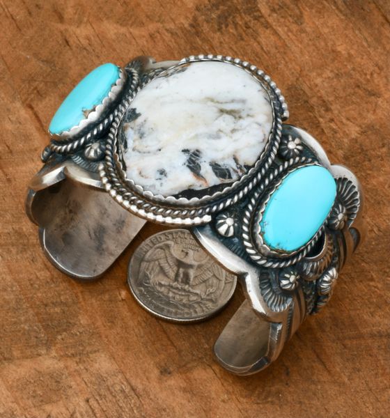 Gilbert Tom' deep-stamped, heavy silver White Buffalo and Kingman turquoise Navajo trophy cuff. #2166