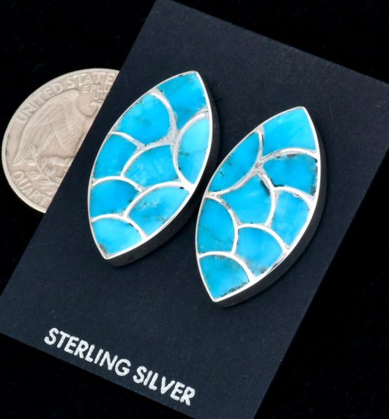 Zuni Pueblo inlay earrings with Kingman turquoise. #2170