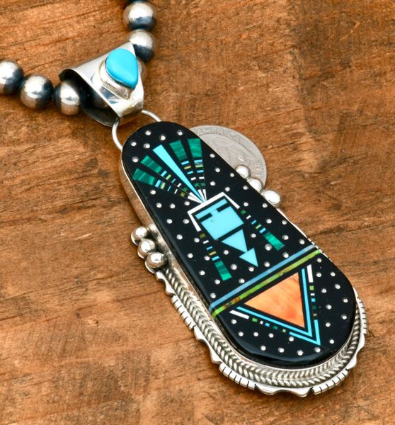 Large Ray Jack "night sky" inlay pendant (shown w/optional burnished Sterling 'pearl' bead necklace. SOLD! #2172