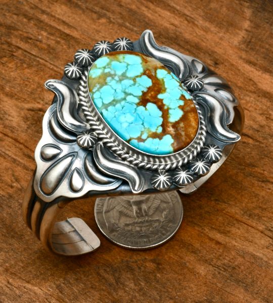 No. 8 Mine turquoise Navajo cuff with reverse-stamped repousse' by Ray Delgarito. SOLD! #2175