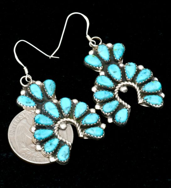 Violet Nez' natural turquoise naja-shaped Navajo cluster earrings. SOLD! #2178