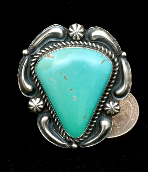 Turquoise and reverse-stamped repousse' size 9 Navajo ring by Jeff James Jr. #2181