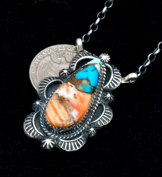 Robert Shakey Navajo teardrop bar pendant with turquoise, spiney-oyster and bronze mix. #2187