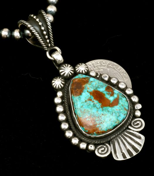 Jesse Martinez' Turquoise Mountain Navajo pendant, and, 5mm, 20-inch burnished Sterling 'pearl' bead chain. #2302