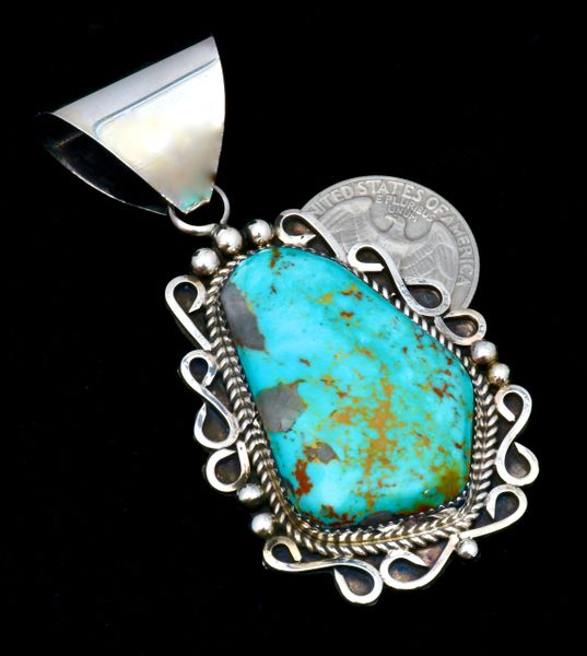 Larger Kingman turquoise Navajo pendant by Deanna Nez. #2307