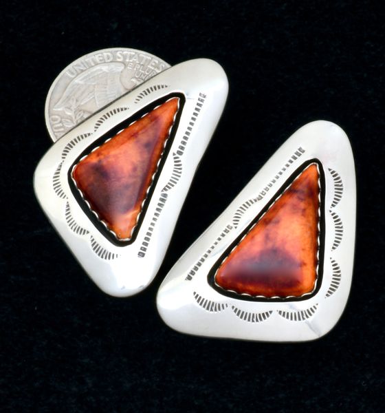 Lyanne Goodluck intricate shadowbox Navajo earrings with spiney-oyster shell. #2309
