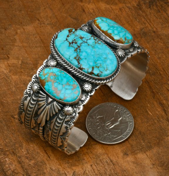 Emer Thompson Navajo triplet cuff with water-web Kingman turquoise. SOLD! #2311