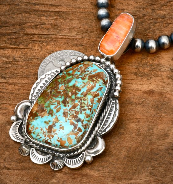 Tia Long' two-piece Navajo pendant with Pilot Mountain turquoise and spiney oyster shell (shown with optional Sterling bead 'pearl' necklace). #2315