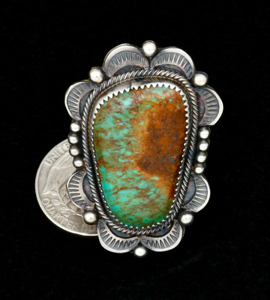 High detail, old-style patina, size 8.5 (slightly adjustable) trophy Navajo turquoise ring, by Tia Long. SOLD! #2322