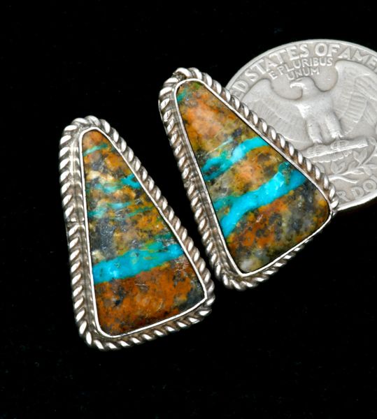 Virginia Becenti' horizontal ribbon turquoise Navajo earrings. #2326