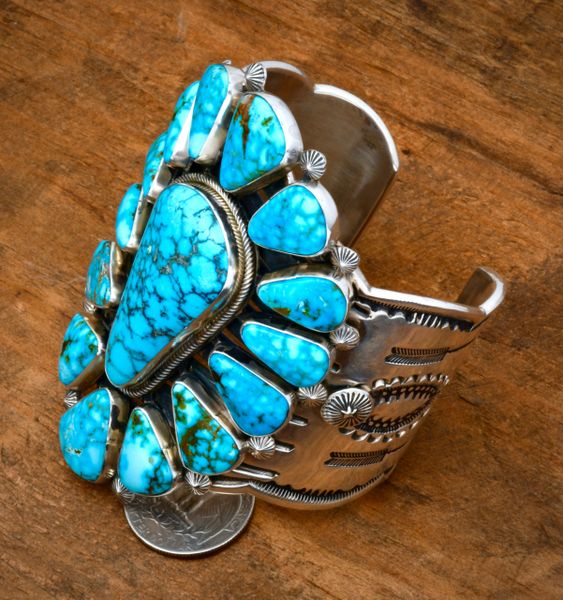 Aaron Toadlena' trophy Navajo cluster cuff with premium Kingman turquoise. #2330