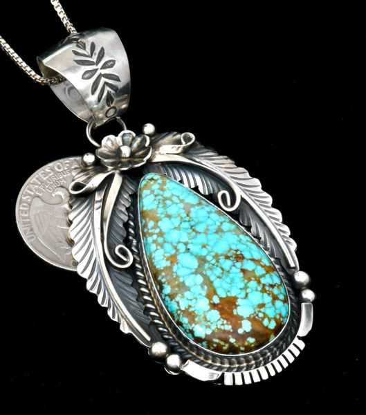 Traditional Navajo pendant with No. 8 Mine turquoise, by Alfred Martinez. #2331