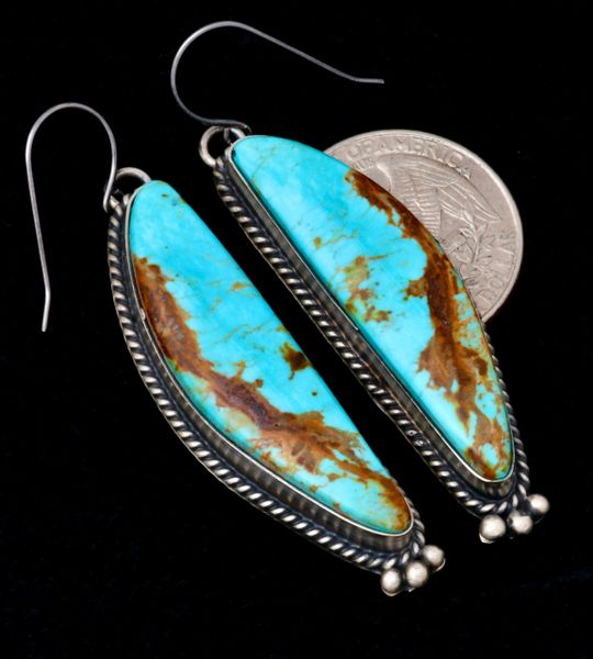 Long Navajo Kingman turquoise earrings by Donovan Skeets. #2338