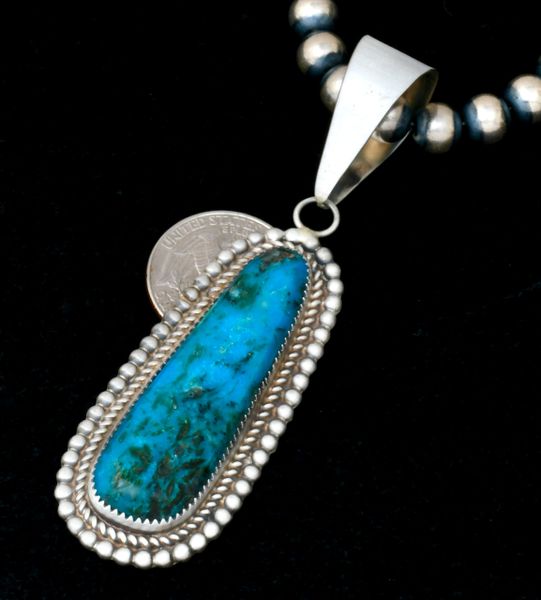 Long Navajo satin-finish turquoise pendant, by Leslie Nez. Sterling beads optional. #2340