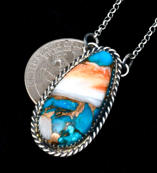 Navajo bar necklace with turquoise, spiney-oyster shell and bronze mix. #2345