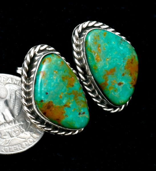 Freida Martinez' Navajo earrings with greenish hue Kingman turquoise. #2348