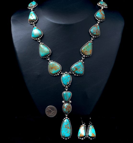 16-stone turquoise lariat necklace and earring set by Navajo artisan Robert Shakey. #2350