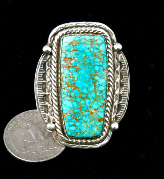 Large-face No. 8 Mine turquoise size 11 ring by Navajo artisan Fred Francis. SOLD! #2352