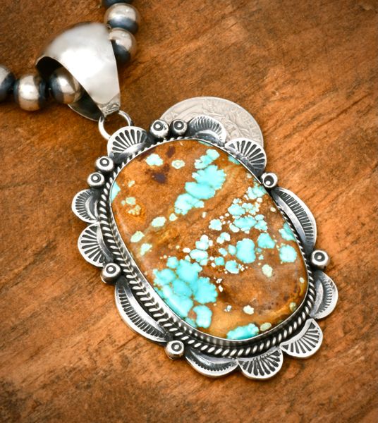 Large No. 8 Mine turquoise Navajo old-style patina pendant by Gilbert Tom (pictured bead chain optional). #2356