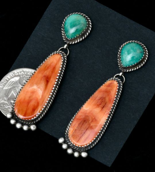 Navajo two-piece earrings with colorful orange spiney oyster shell, by Betty Joe. #2360