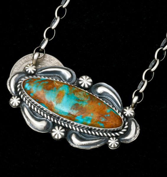 Reverse-stamped repousse' and turquoise Navajo 2.25-inch bar necklace. #2361