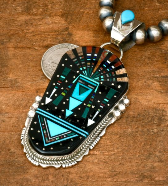 Large Ray Jack' nighttime-sky inlay pendant (shown with optional burnished Sterling bead (Navajo 'pearl) chain. SOLD! #2362