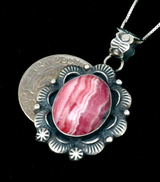 Small striped Rhodochrosite Navajo pendant (with chain) by Robert Shakey. #2373