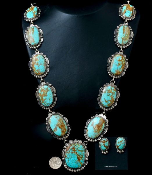 Gilbert Tom' Navajo pendant/lariat necklace and earrings with large No. 8 Mine turquoise.