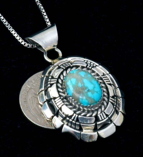 Kingman turquoise Navajo pendant (and chain) with intricate multi-layer bezeling, by William Begay. SOLD! #2379