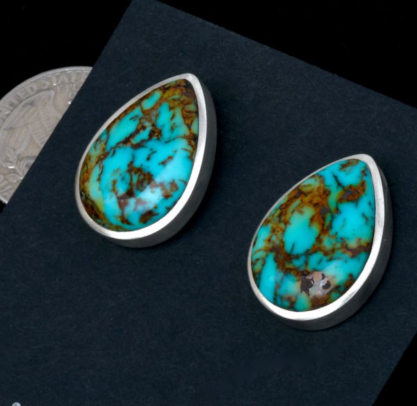 Navajo teardrop studs with thick-cut colorful Kingman turquoise, by Kelsey Jimmie. SOLD! #2383