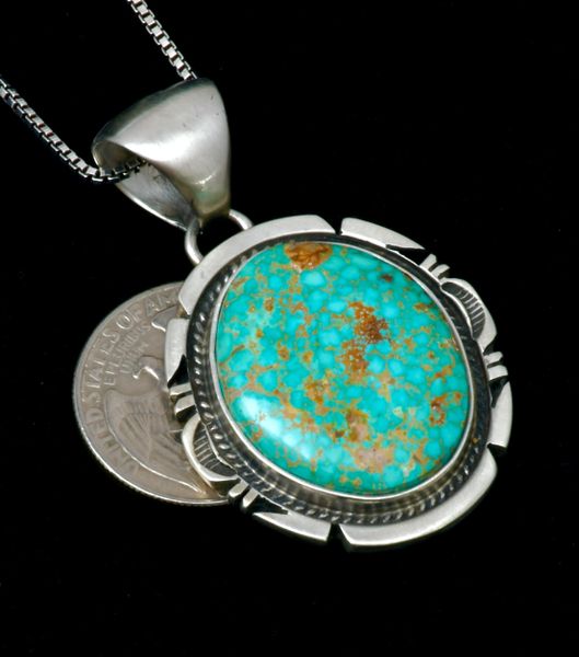 Jon McCray' Navajo pendant with No. 8 Mine turquoise. Chain included. #2385
