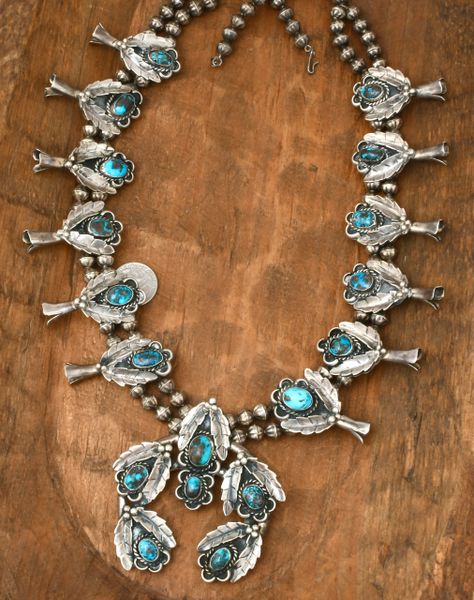 Old, likely pre-1970's true 'vintage,' 18-stone Persian turquoise Navajo squash-blossom necklace. #2390