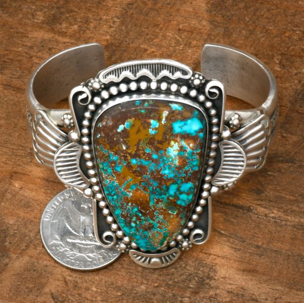 Marlena Tom' thick-gauge Navajo cuff with Pilot Mountain turquoise. SOLD! #2393