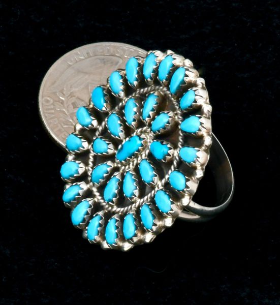 Eldon James' 31-stone Kingman turquoise Navajo size-9 cluster ring. #2395