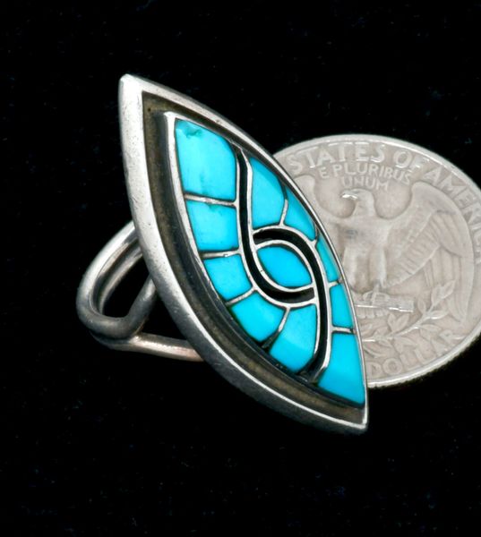 Circa 1976 Dickie and Amy Quandelacey 'double hummingbird' channel-inlay  turquoise Zuni ring, size 5.5. #2398