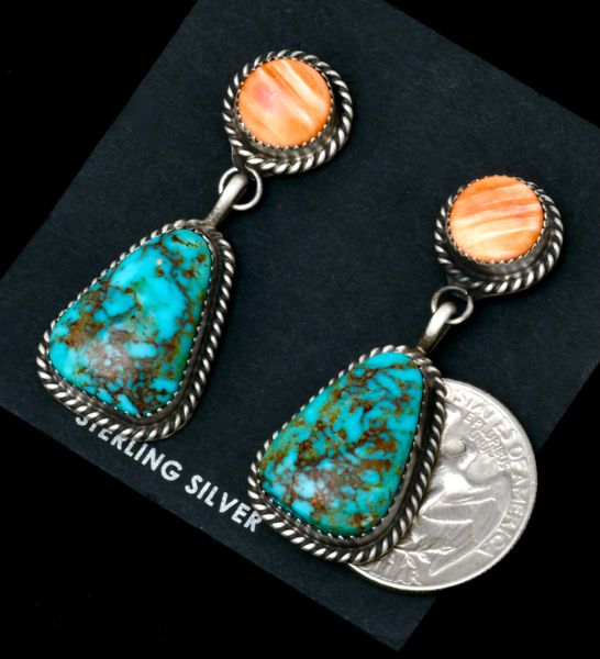 Jason Livingston' turquoise and spiney-oyster Navajo earrings. #2301a