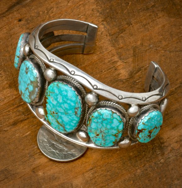Older heavy-silver traditional Navajo five-stone row cuff with No. 8 Mine turquoise. #2305a