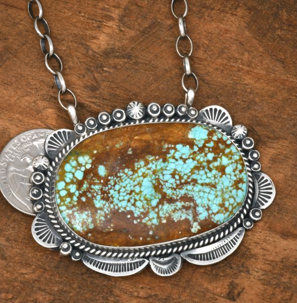 Gilbert Tom' Navajo bar necklace with No. 8 Mine turquoise. #2308a