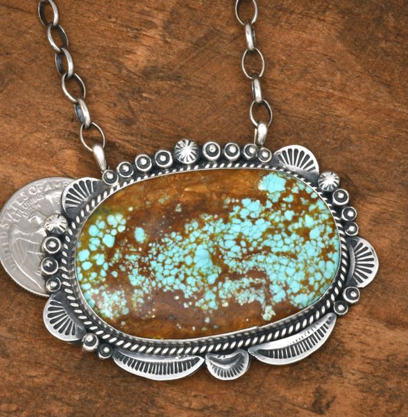 Gilbert Tom' Navajo bar necklace with No. 8 Mine turquoise. SOLD! #2308a