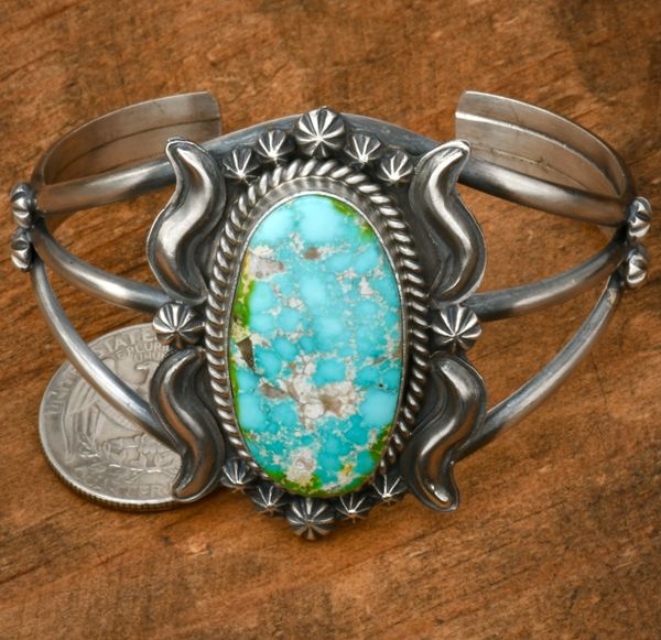 Navajo old-style patina Turquoise Mountain cuff by Ray Delgarito. #2311a