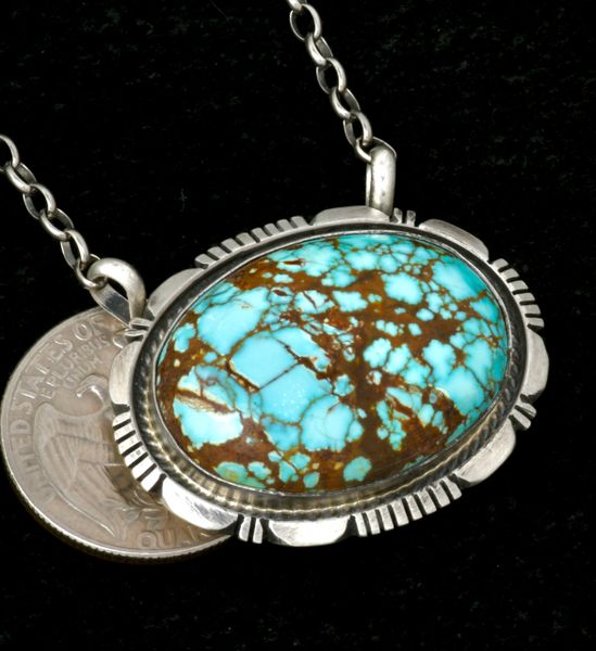 Navajo bar necklace with No. 8 Mine turquoise by Alfred Martinez. #2312a