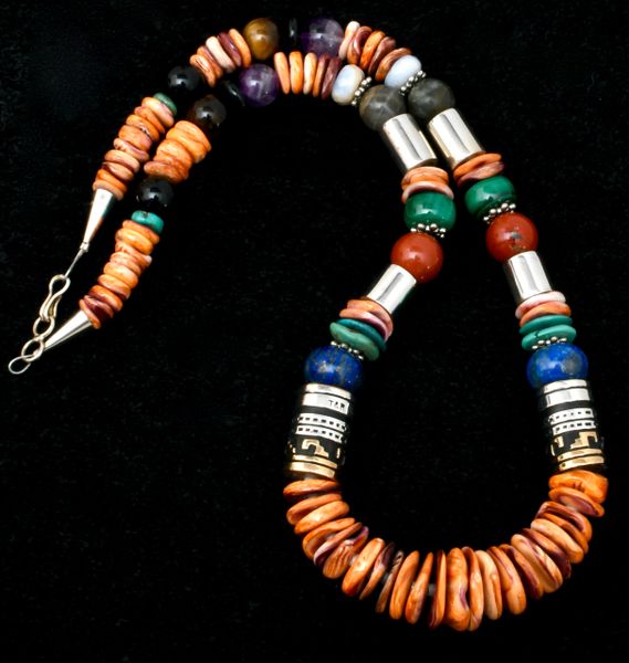 T&R Singer gold and silver 21.5-inch barrel bead necklace with orange spiney oyster shell. SOLD! #2313a