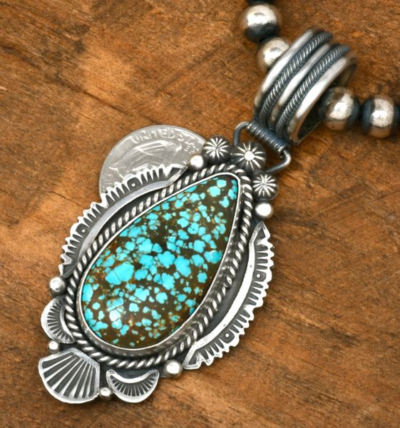 Exquisite Michael Calladitto' old-style patina Navajo pendant with No. 8 Mine turquoise (Bead chain optional at additional cost). #2314a
