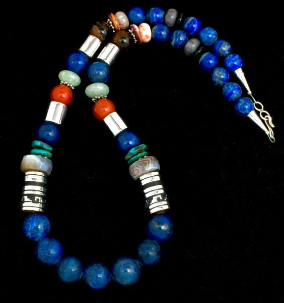 T&R Singer 22-inch silver-only barrel bead necklace with lapis. SOLD! #2315a
