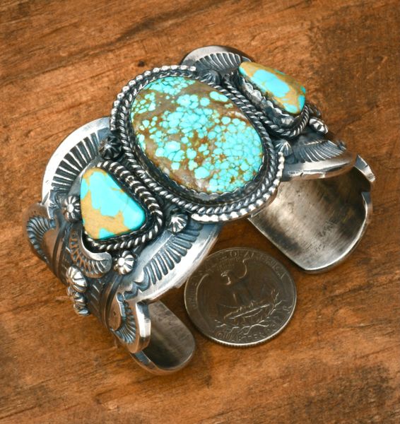 Gilbert Tom' heavy-silver, scalloped-edge Navajo cuff with No. 8 Mine and Kingman turquoise. SOLD!! #2317a