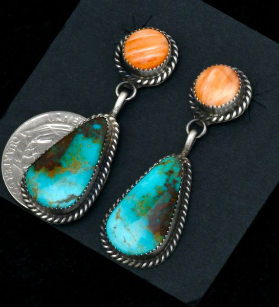Turquoise and spiney oyster-shell Navajo earrings. #1218a