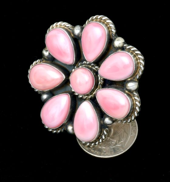 Pink conch shell Navajo size 8.25 (but slightly adjustable) large-face cluster ring by Augustine Largo. SOLD! #2325a
