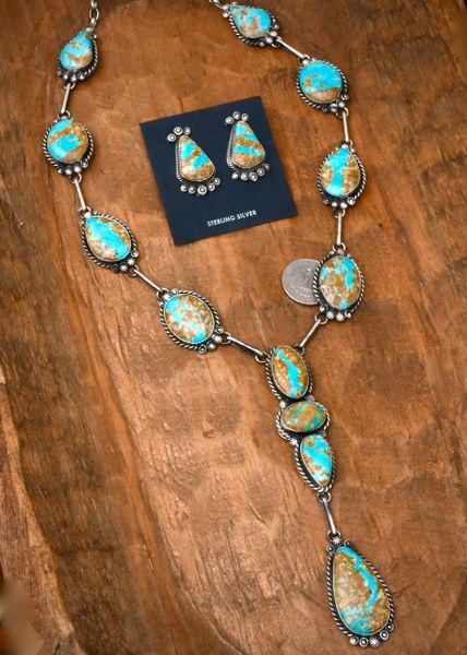 14-stone ribbon turquoise Navajo lariat necklace and earring set, by Robert Shakey. #2326a