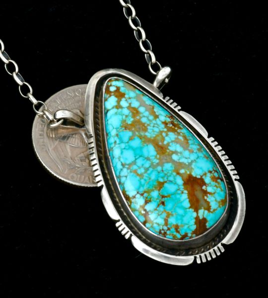 No. 8 Mine turquoise Navajo teardrop bar-type necklace by Alfred Martinez. #2327a